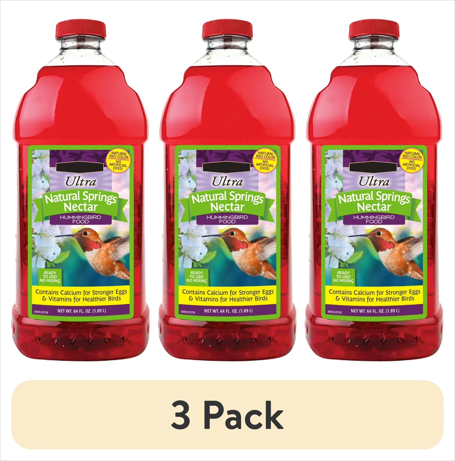 (3 pack) Ready-to-Use Ultra Hummingbird Nectar Food, No Artificial Dye, 64 fl oz