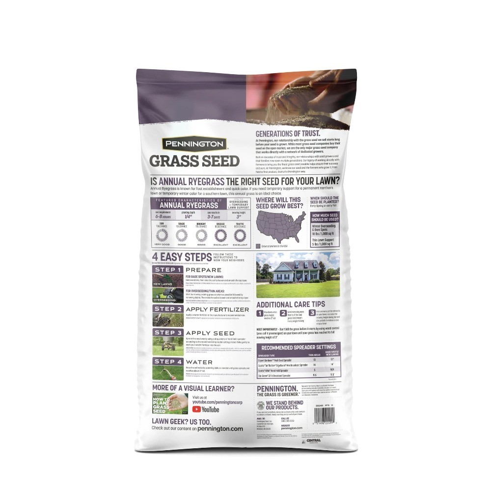 Annual Ryegrass Seed Sun Partial Shade Lawn Turf Fast Growing 20 lb Bag