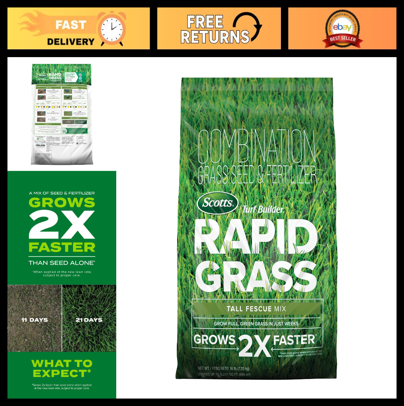 Rapid Grass Tall Fescue Seed & Fertilizer Mix – Fast-Growing Lawn Seed, 16 lbs
