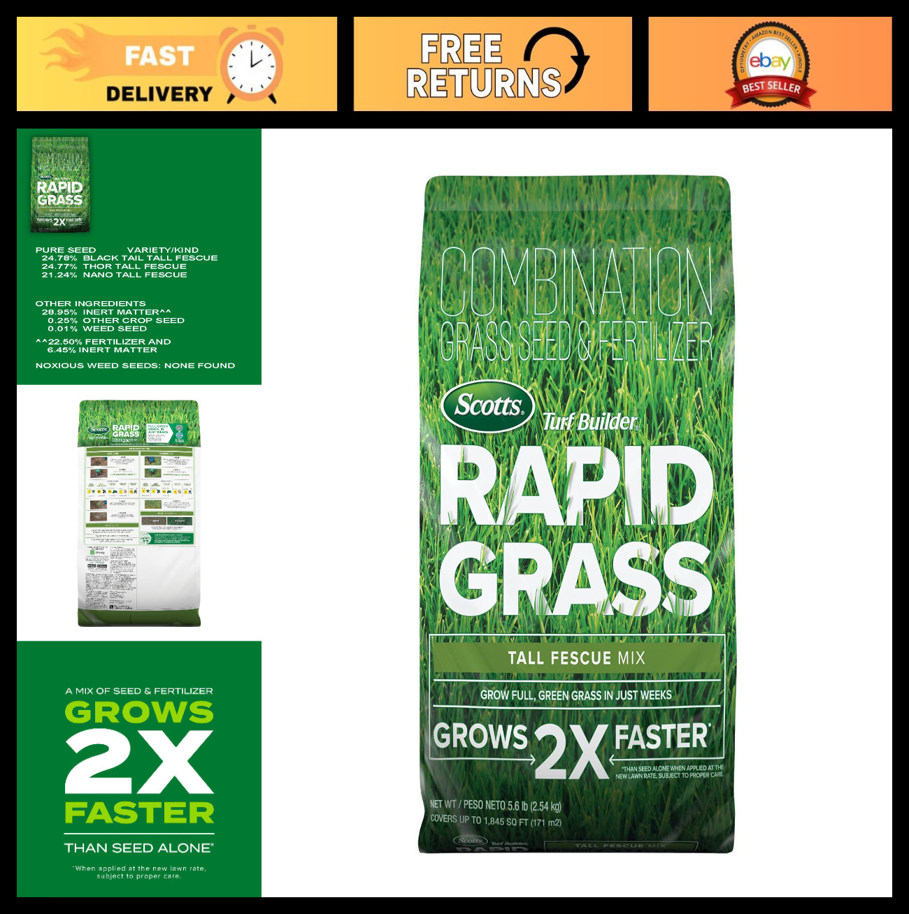Rapid Grass Tall Fescue Seed & Fertilizer Mix – Quick-Growing Lawn Seed 5.6 lbs
