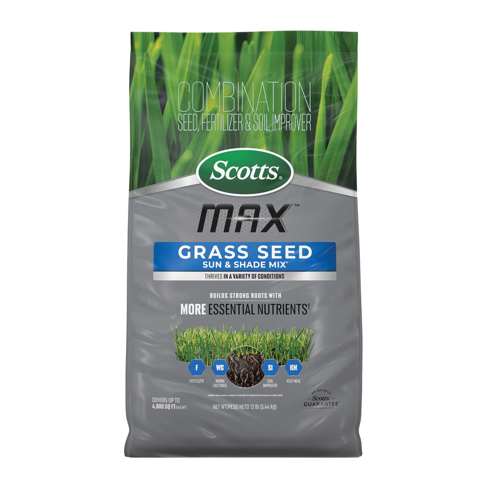 Scotts Max Sun & Shade Grass Seed Mix Fertilizer Soil Improver, 4800 Sq Ft, 12lb