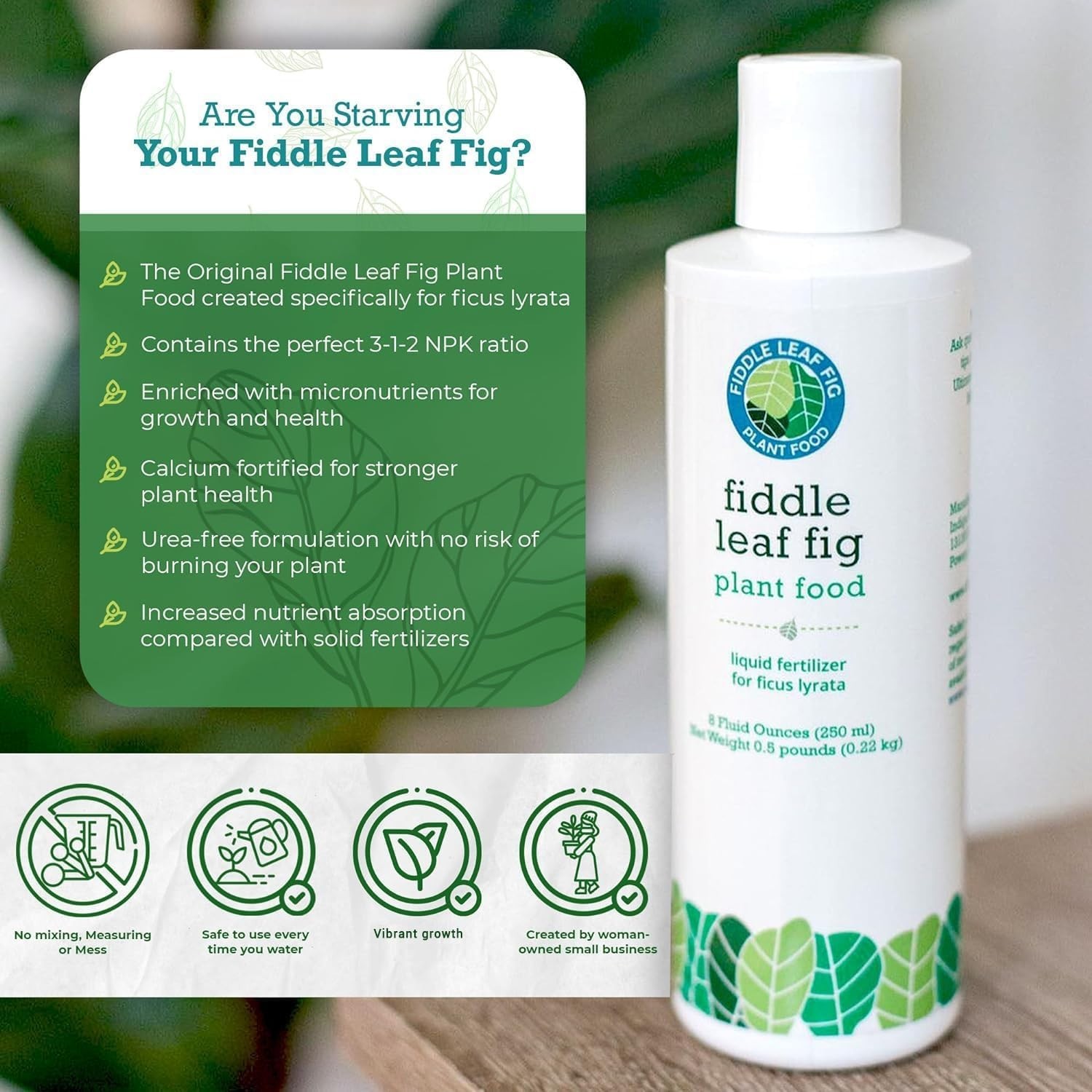 Fiddle Leaf Fig Plant Food – 3‑1‑2 Balanced NPK Liquid Fertilizer for Larger Lea