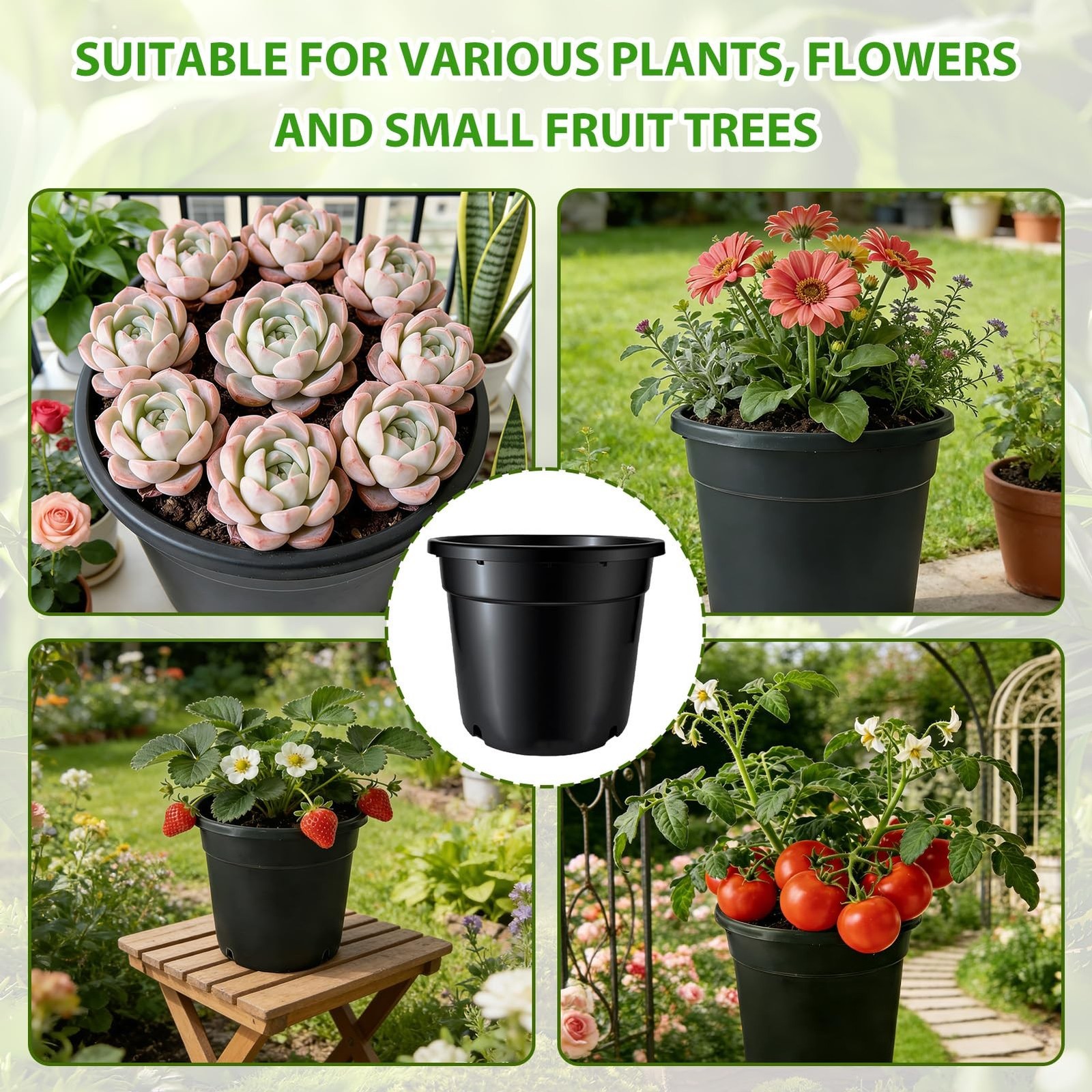 7 Gallon Plastic Pots for Plants, 7 Gallon Nursery pots, 4 Pack 13 Round Stur…