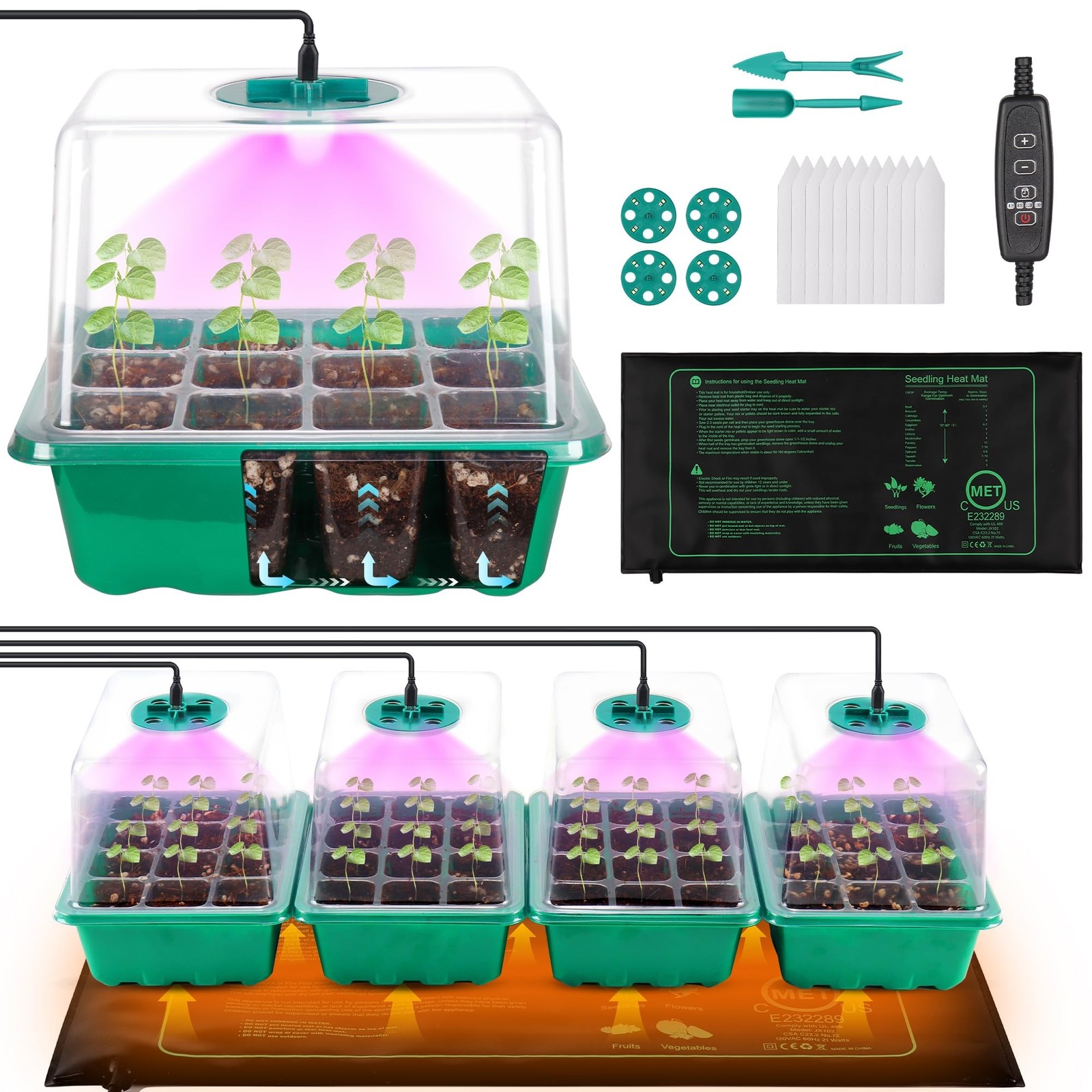 4-Pack Seed Starter Tray with Grow Light and Heat Mat, 48 Cells Seed Starter …