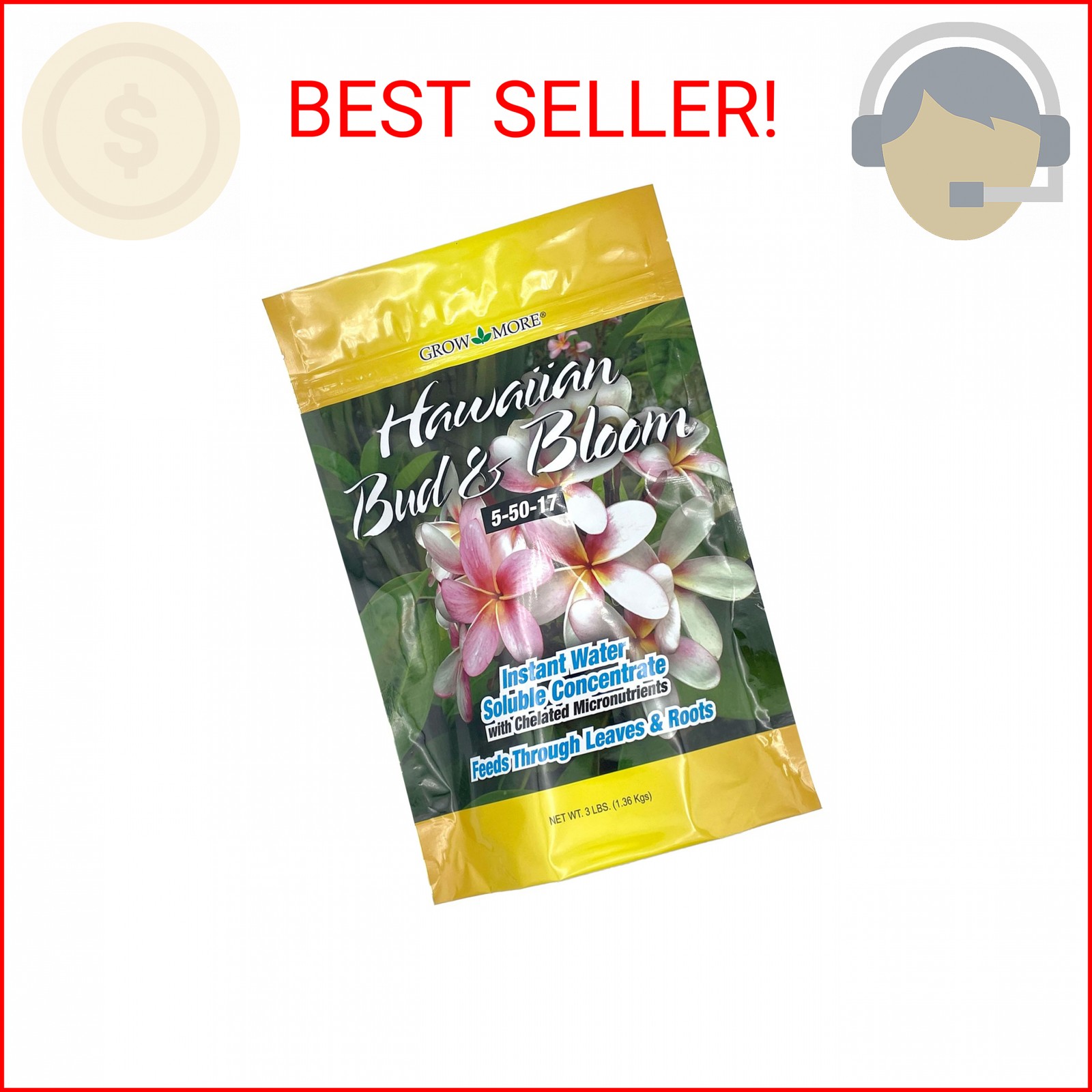 Grow More Urea-Free Hawaiian Bud and Bloom 5-50-17 Fertilizer – 3lbs of Water So