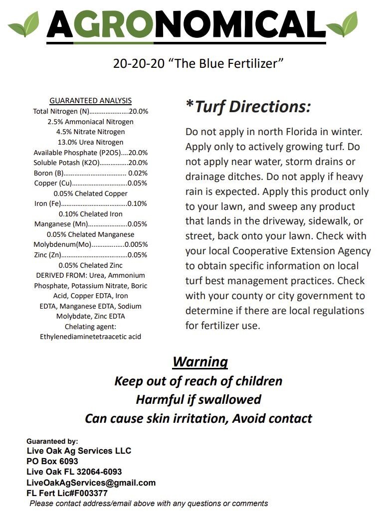 AGRONOMICAL 20-20-20 Water Soluble BLUE FERTILIZER with Micronutrients 1 POUND!