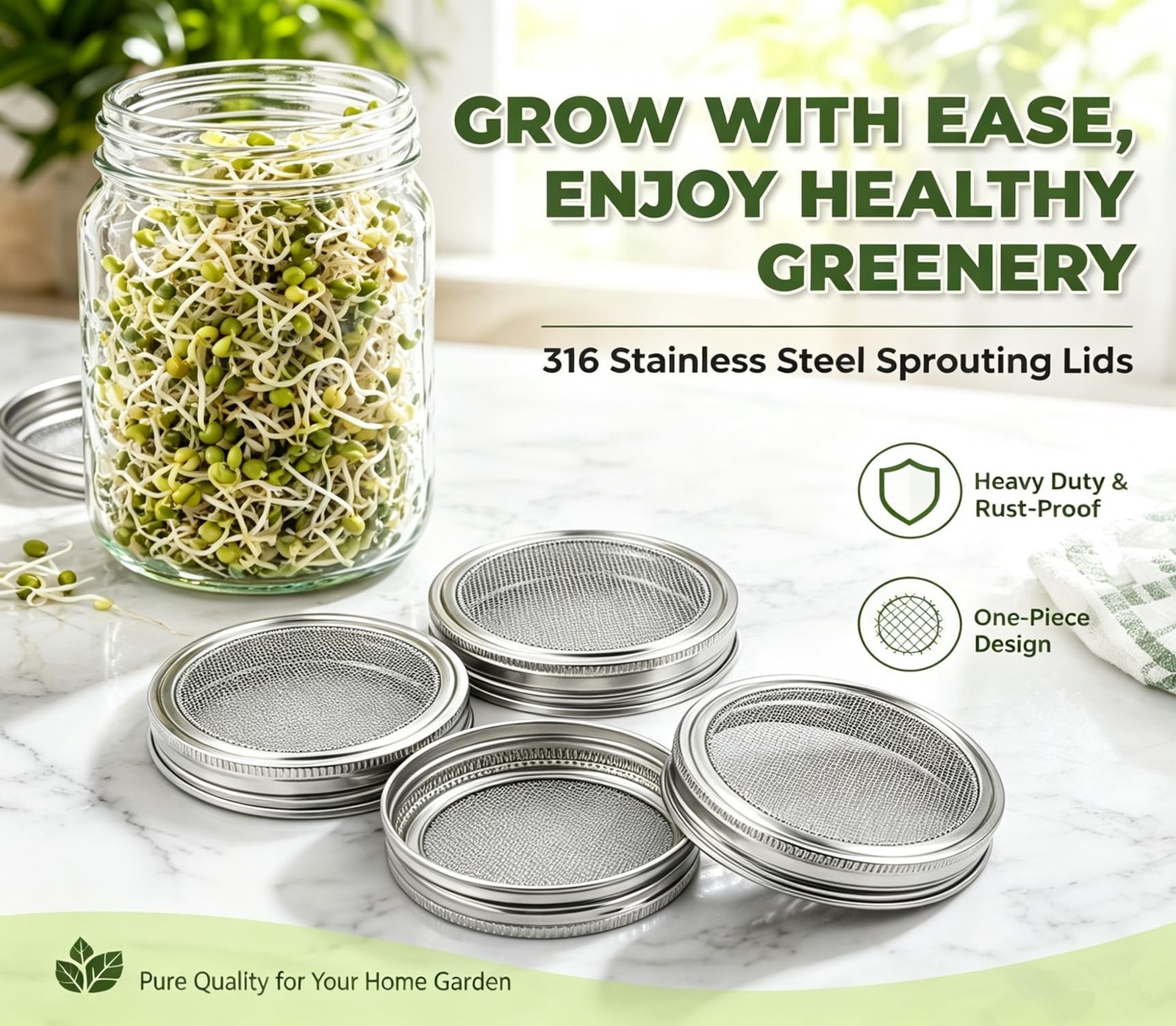 Sprouting Lids Sprouts Growing Kit, 4 Pack Metal Stainless Steel One-Piece Wi…