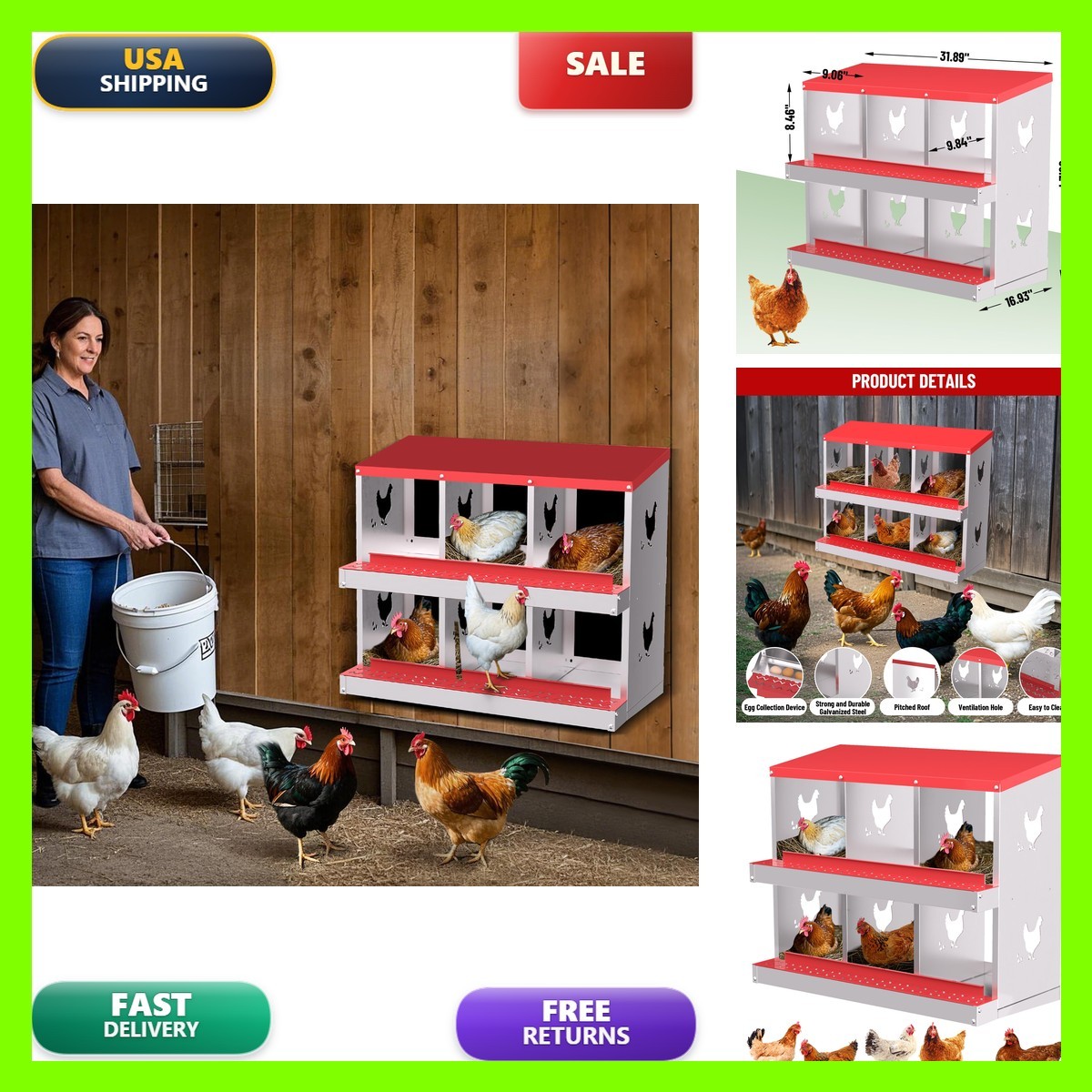 6 Compartment Metal Chicken Nesting Box Roll Out Egg Collection