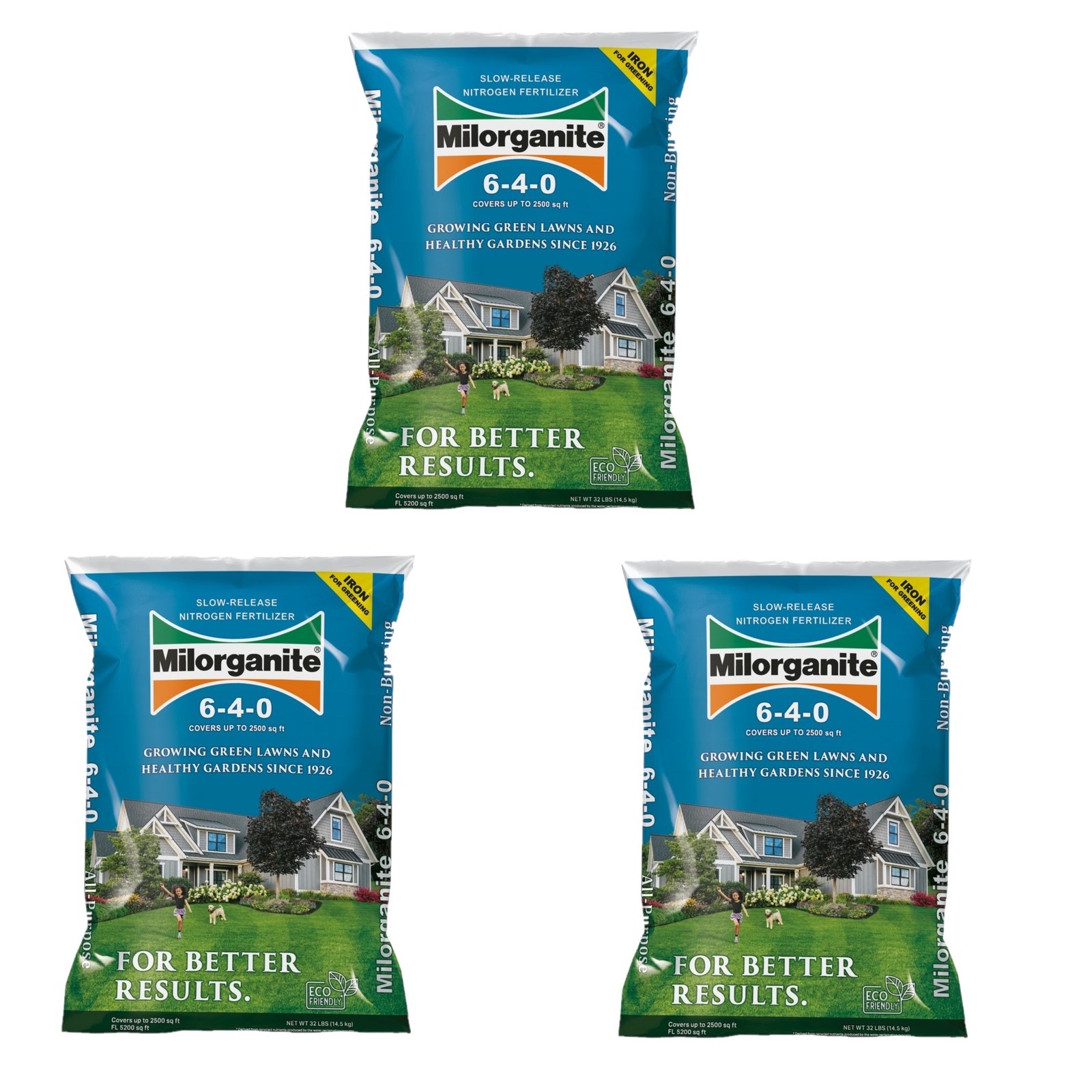 Milorganite Slow Release Nitrogen Lawn Fertilizer 6-4-0, 32 Pounds (Pack of 3)