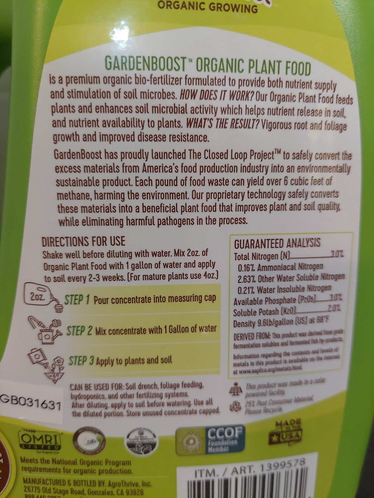 Garden Boost Organic Plant Food Liquid Concentrate 100 oz makes 50 gallons 3-3-2