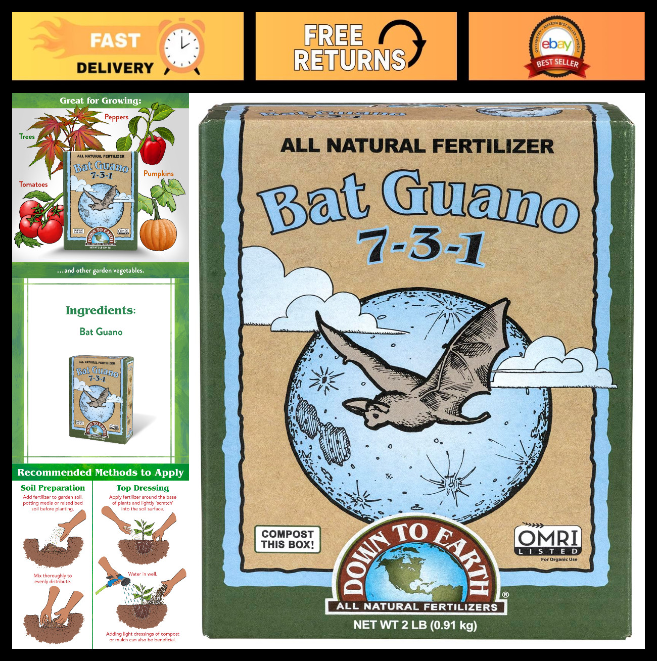 Organic Bat Guano Fertilizer – High Nitrogen Plant Food 7-3-1 for Vegetative Gro