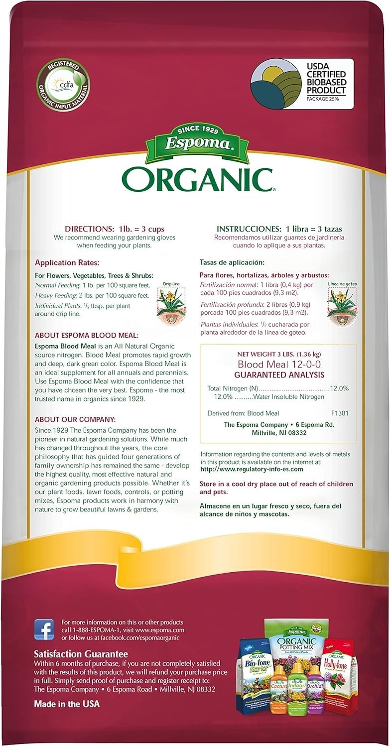 Espoma Organic Blood Meal Fertilizer 12-0-0 . Plant Food / 3 lb. Bag. 3 Pack