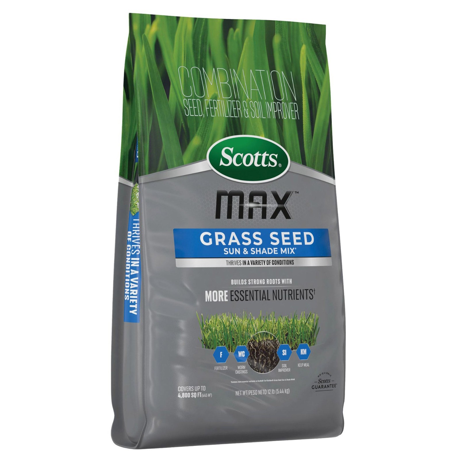 Scotts Max Sun & Shade Grass Seed Mix Fertilizer Soil Improver, 4800 Sq Ft, 12lb