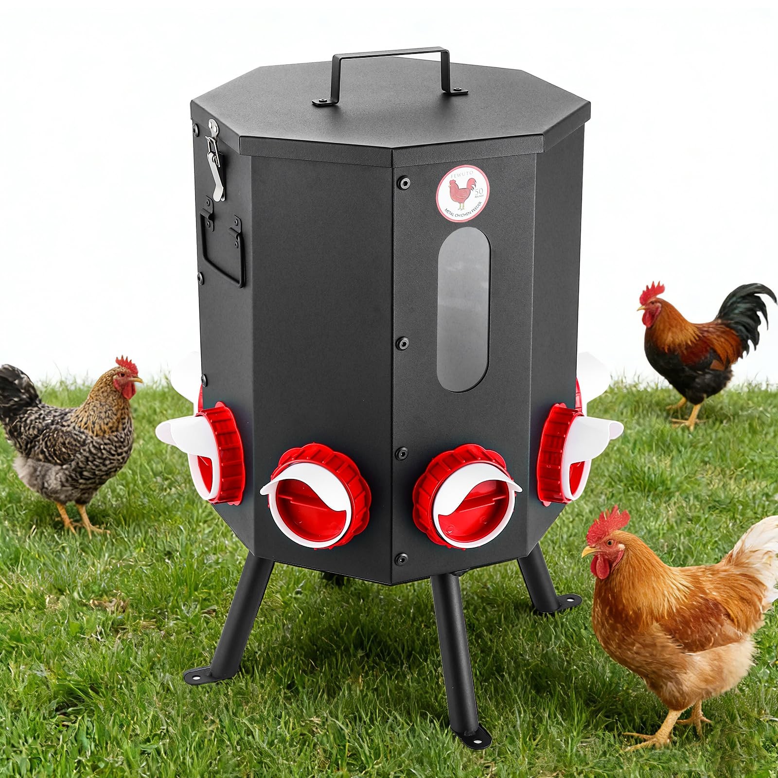 Automatic Chicken Feeder 8 Feeding Ports, 50lbs No-Waste Gravity Poultry Feed…