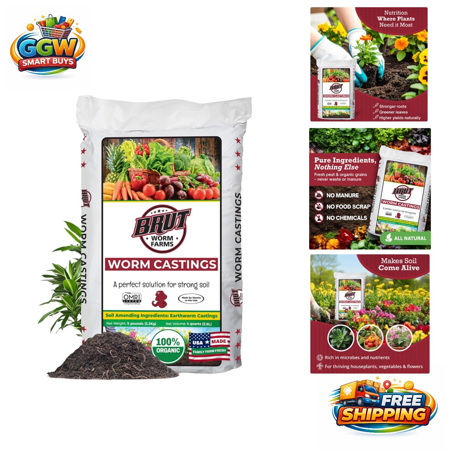 Brut Organic Worm Castings 5 LB – Natural Plant Fertilizer for Vibrant Growth
