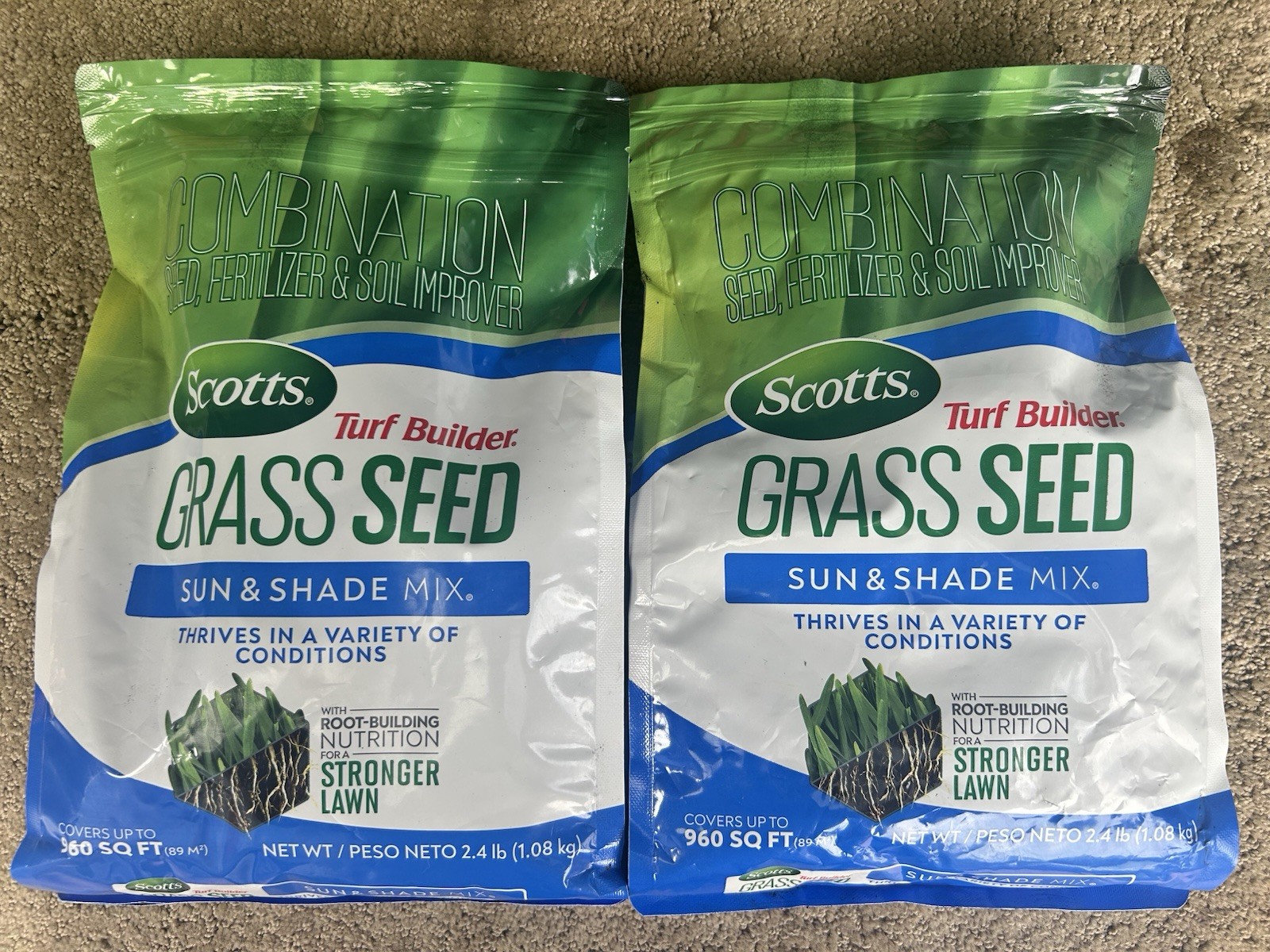 SCOTTS GRASS SEED Turf Builder Sun & Shade Mix 960 Sq ft 2.4LB. Lot Of 2 Bags