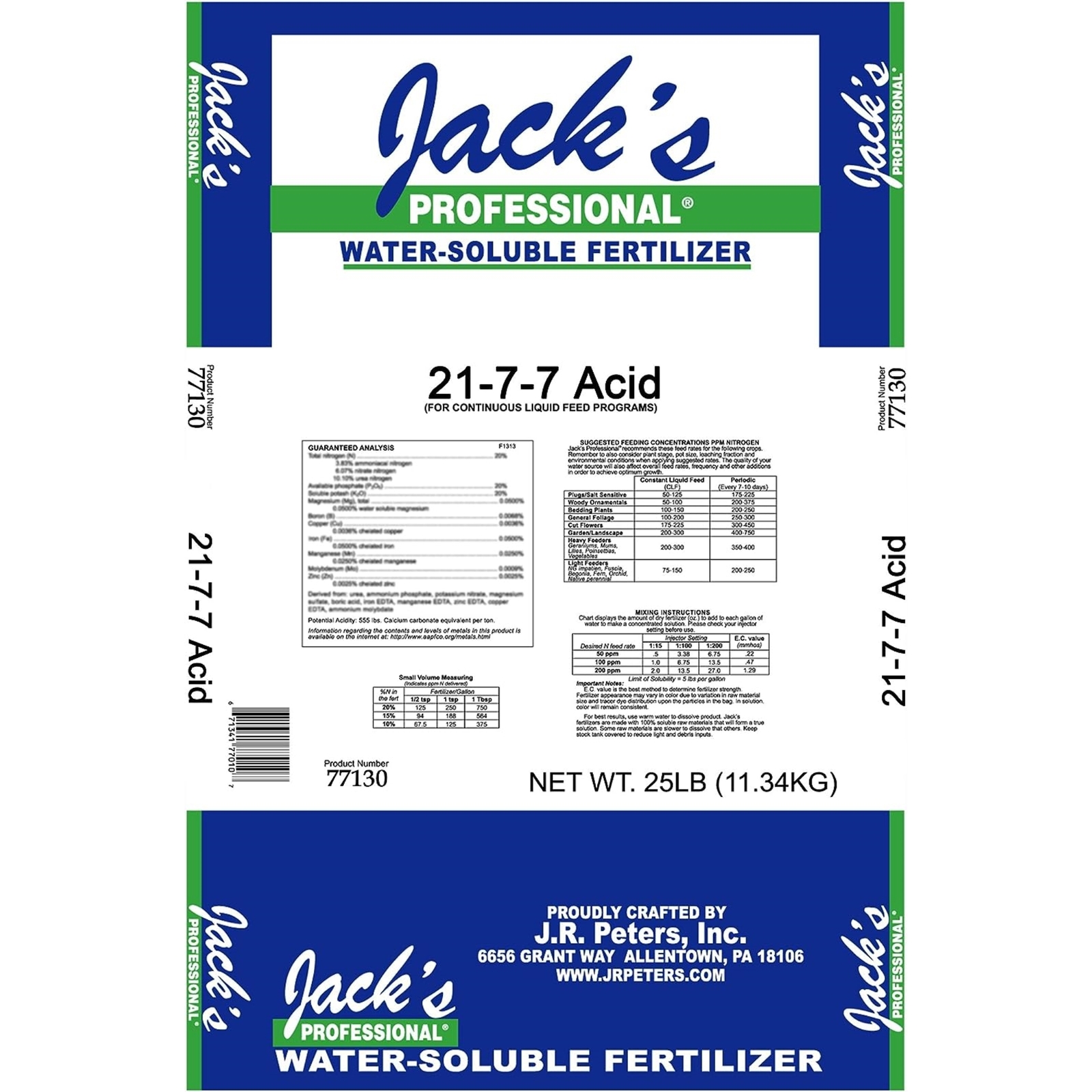 Jack’s Professional 21-7-7 Acid Water Soluble Fertilizer w/ Micronutrients, 25lb