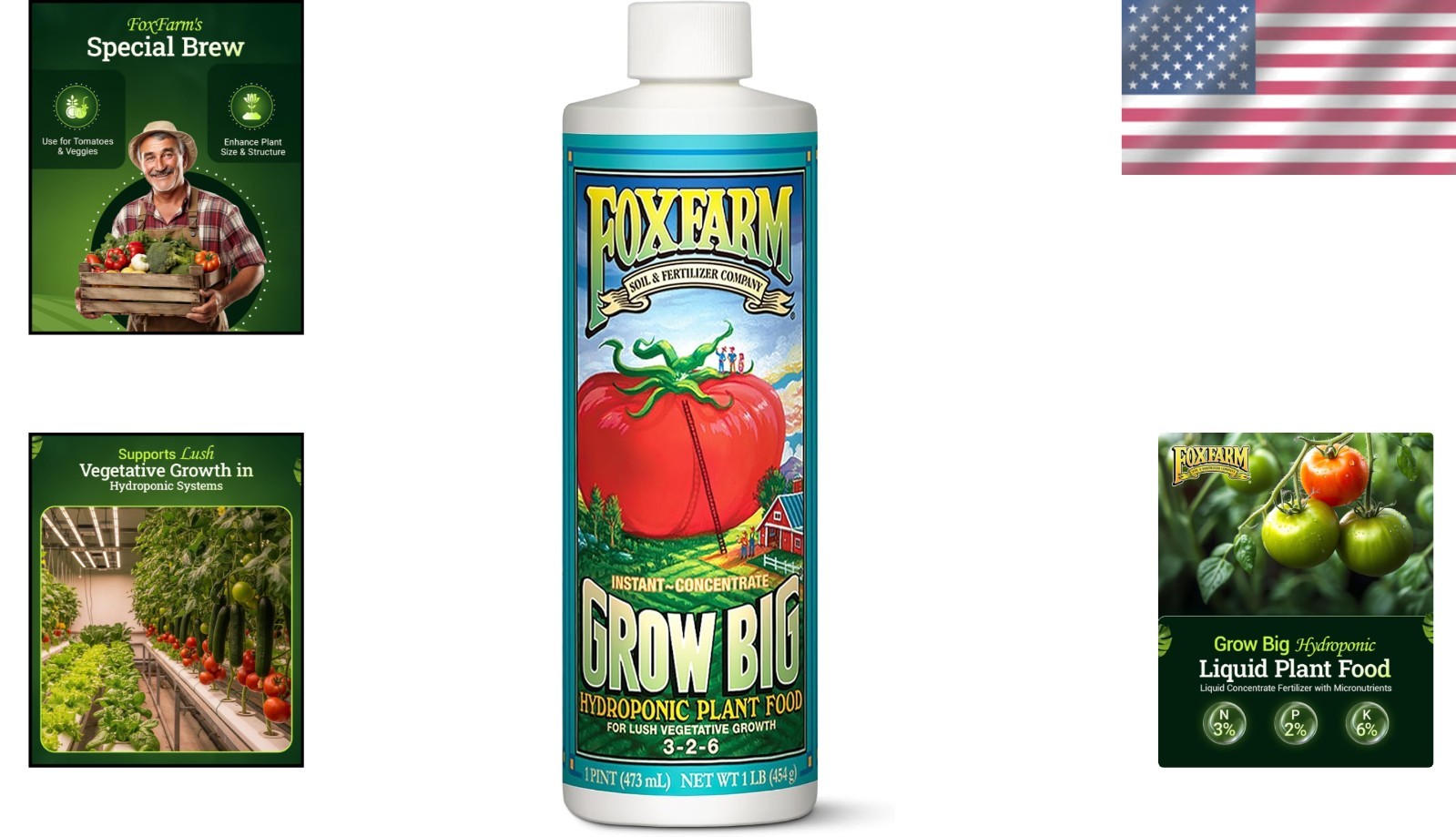 Grow Big Hydroponic Plant Food – 3-2-6 Liquid Fertilizer for Lush Growth, 1 Pint