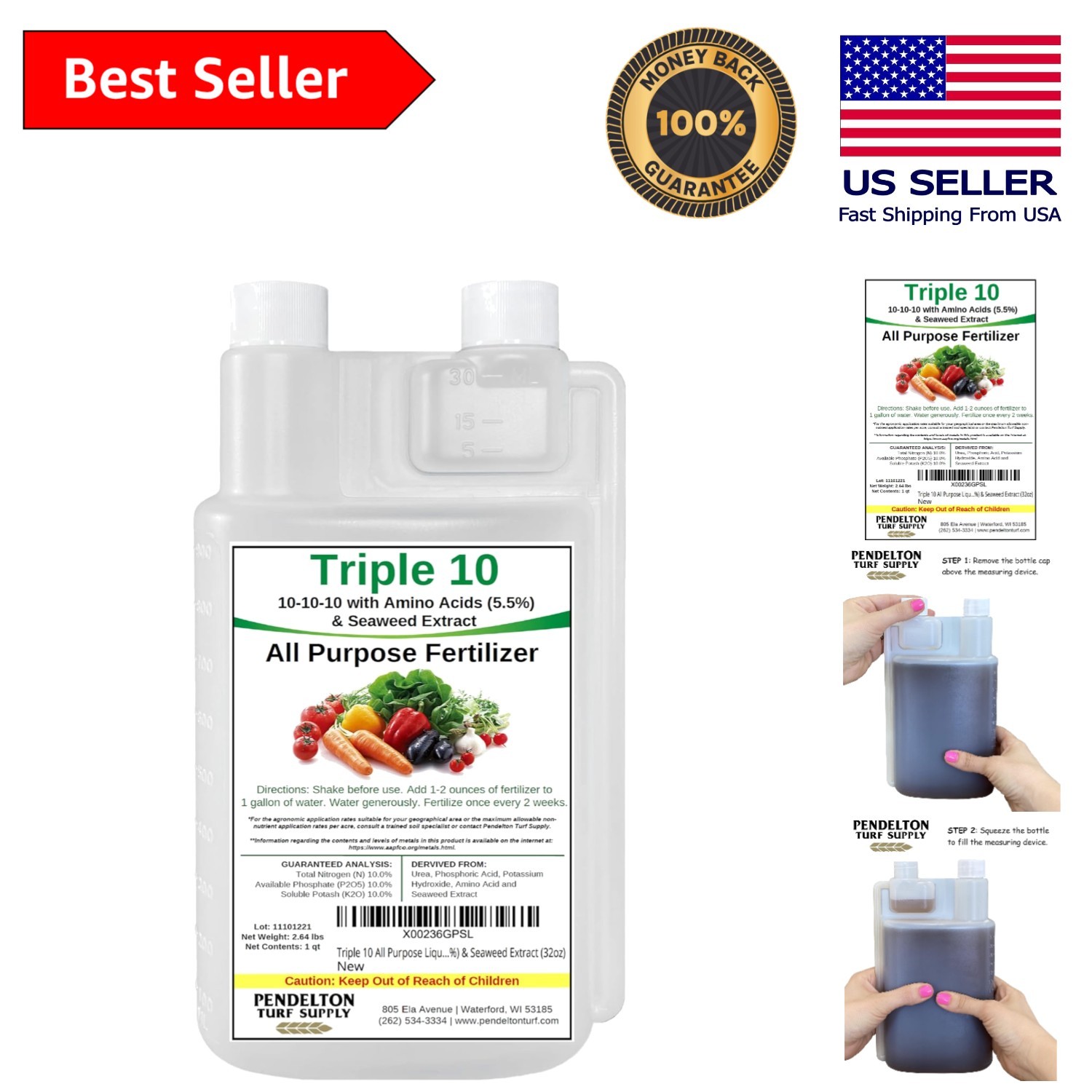 All-Purpose 10-10-10 Fertilizer with Amino Acids & Seaweed – Easy Measure 32 oz