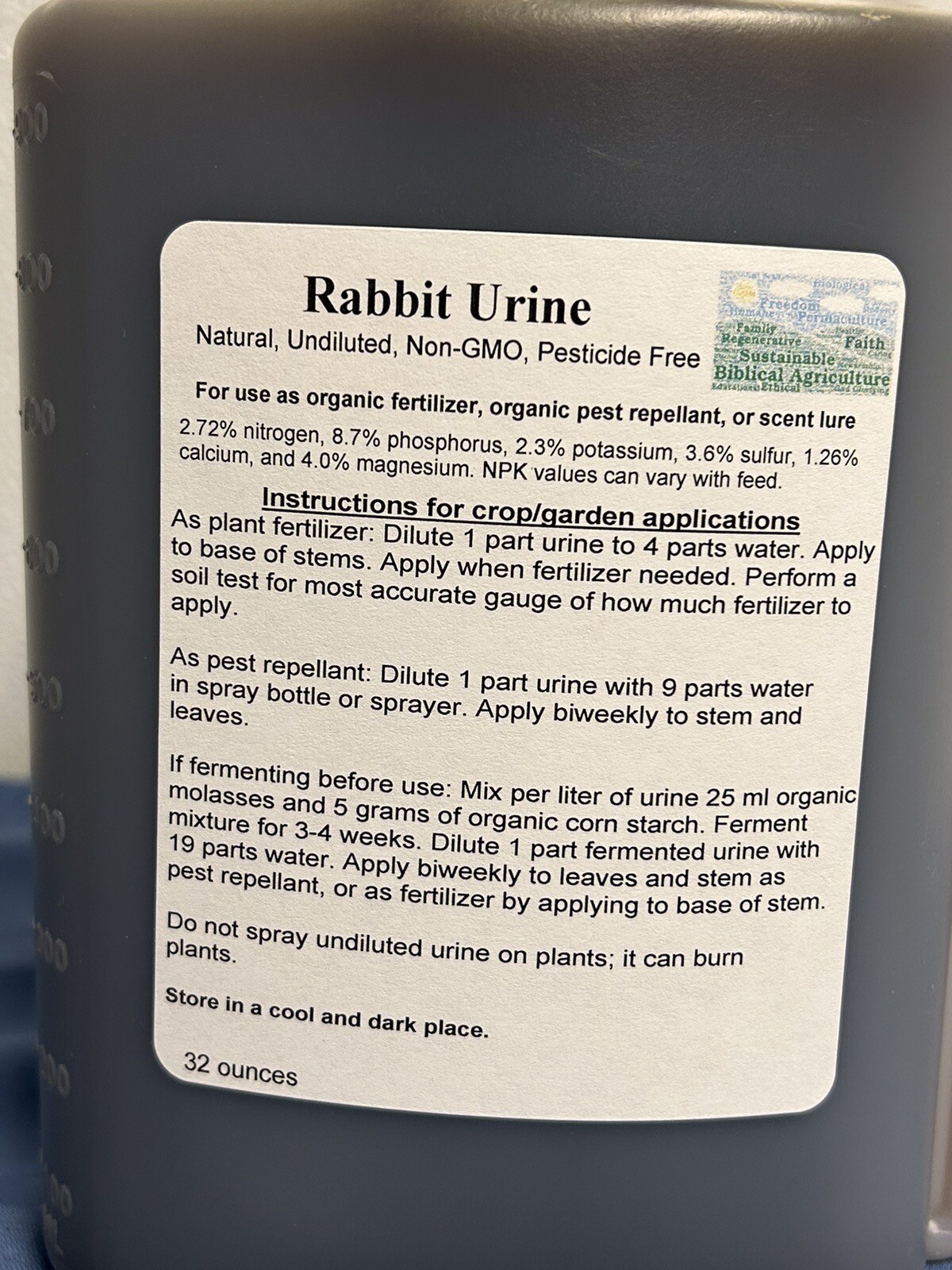 Rabbit Urine for organic fertilizer, organic pest repellent, scent lure 32 fl oz