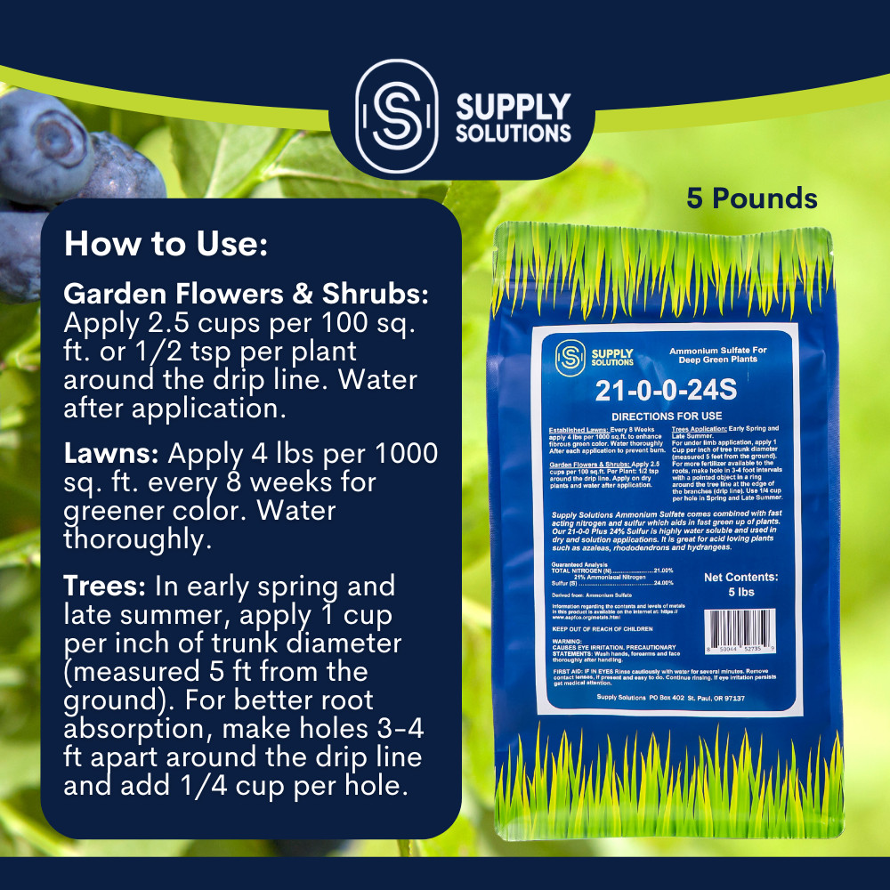 21-0-0-24S Ammonium Sulfate for Deep Green Plants and Soil Acidifier – 5 Lbs