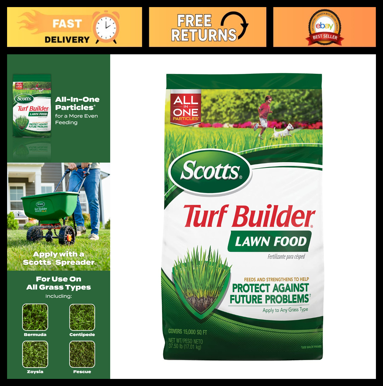 Lawn Fertilizer 37.5 lbs – Scotts Turf Builder for All Grass Types, Covers 15,00