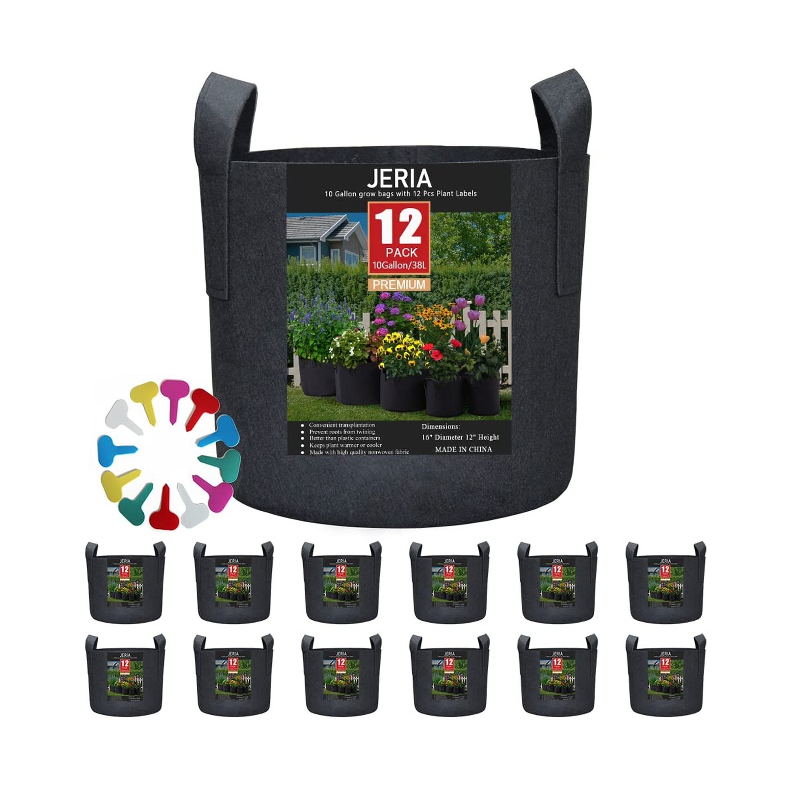 JERIA 12-Pack 10 Gallon Grow Bags, 300G Thickened Nonwoven Gard… USA FAST SHIP
